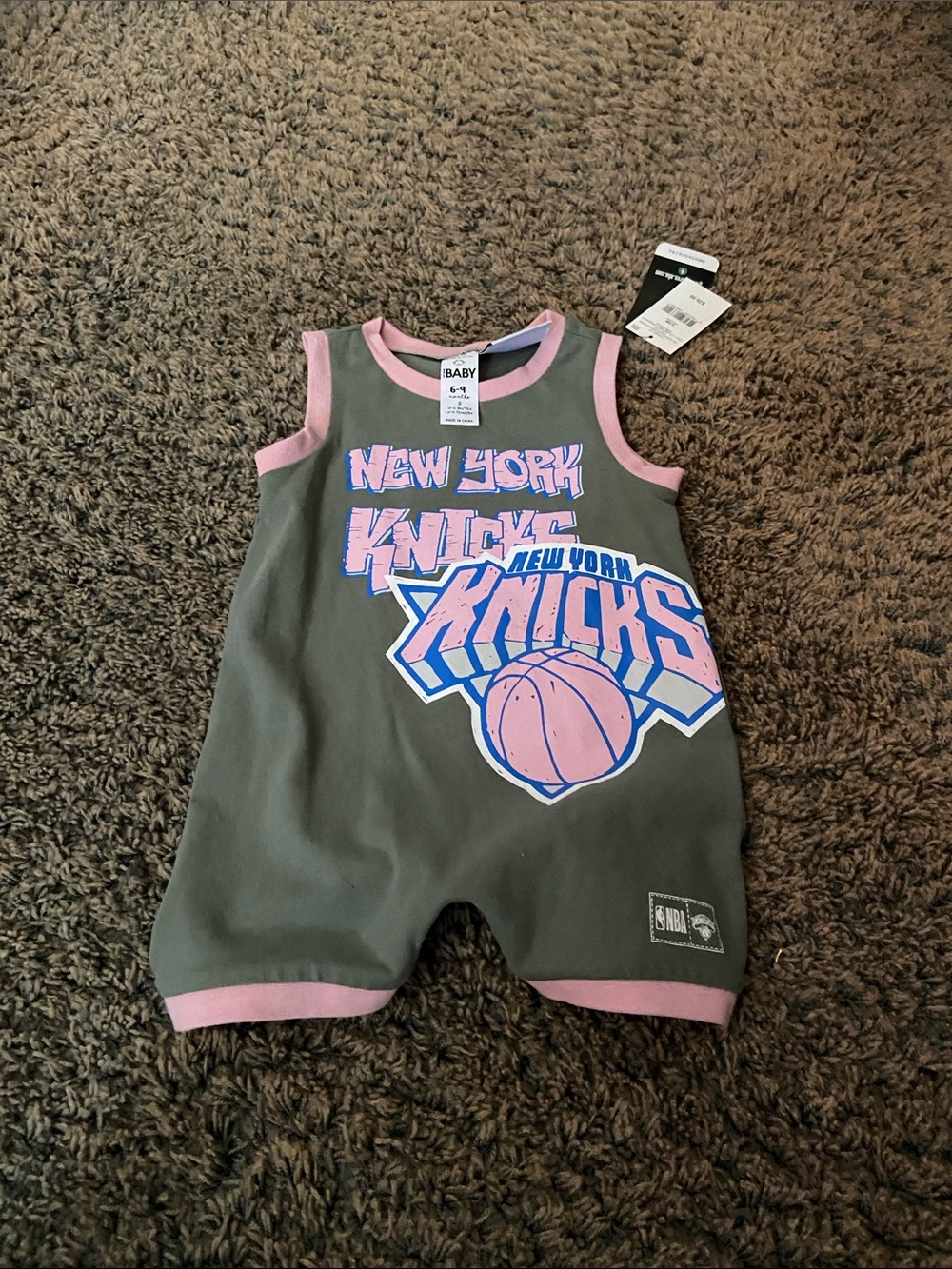 NBA Olive Infant Romper with Pink Trim and Pink/Blue Knicks Logo